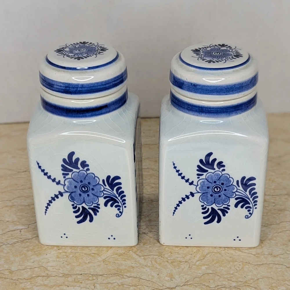 Vintage Pair Blue Delft Spice Jars Ceramic Lidded Holland Canisters